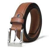 Men’s Tan Leather Belt – 1.3" Wide with Stitching Details– Classic Casual & Dress Belt - FANTASTIX