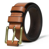 Men’s Tan Leather Belt – 1.4 Inch Wide, Brass Buckle – Premium Genuine Leather - FANTASTIX