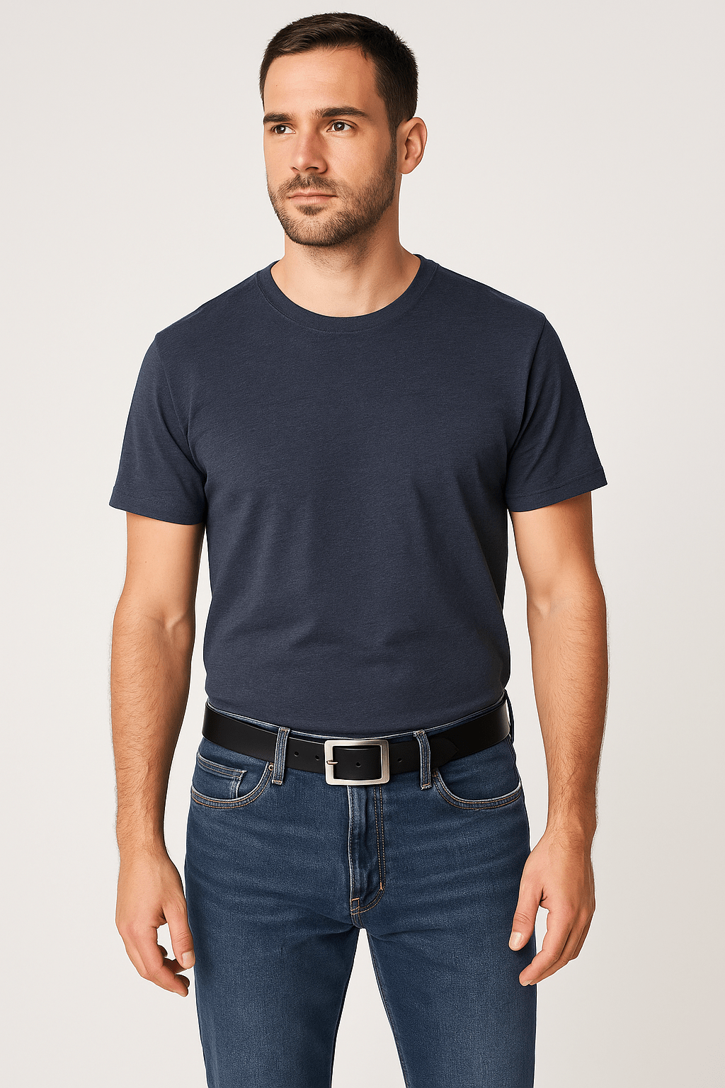 Classic Black Leather Belt for Men with Middle Bar Buckle - FANTASTIX