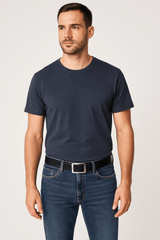 Classic Black Leather Belt for Men with Middle Bar Buckle - FANTASTIX