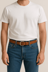 Formal Belt for Men | 35mm Wide Tan Leather Belt with Gold Buckle - FANTASTIX