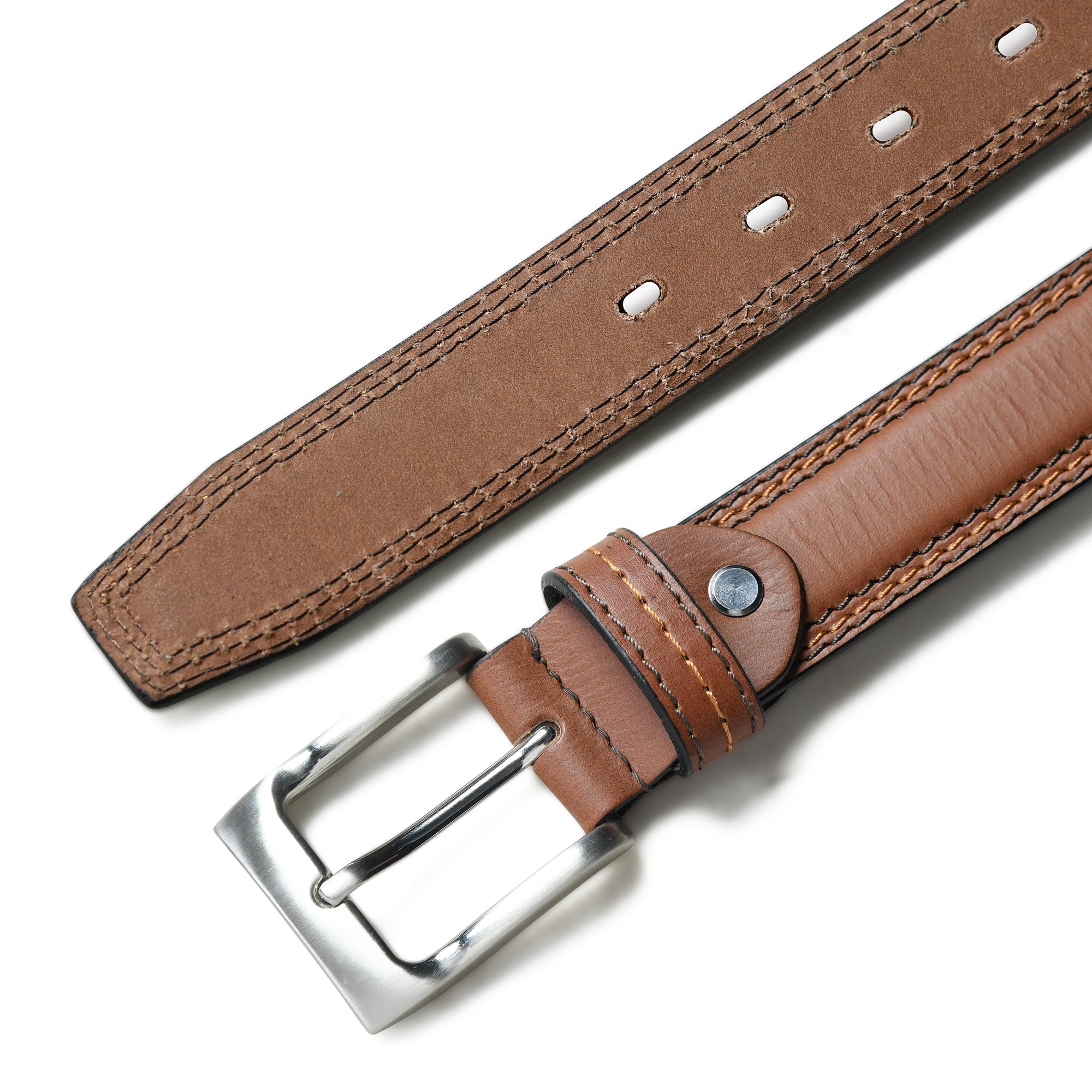 Men’s Tan Leather Belt – 1.3" Wide with Stitching Details– Classic Casual & Dress Belt - FANTASTIX