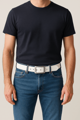 White Leather Belt For Men – 40mm Wide with Silver Middlebar Buckle - FANTASTIX